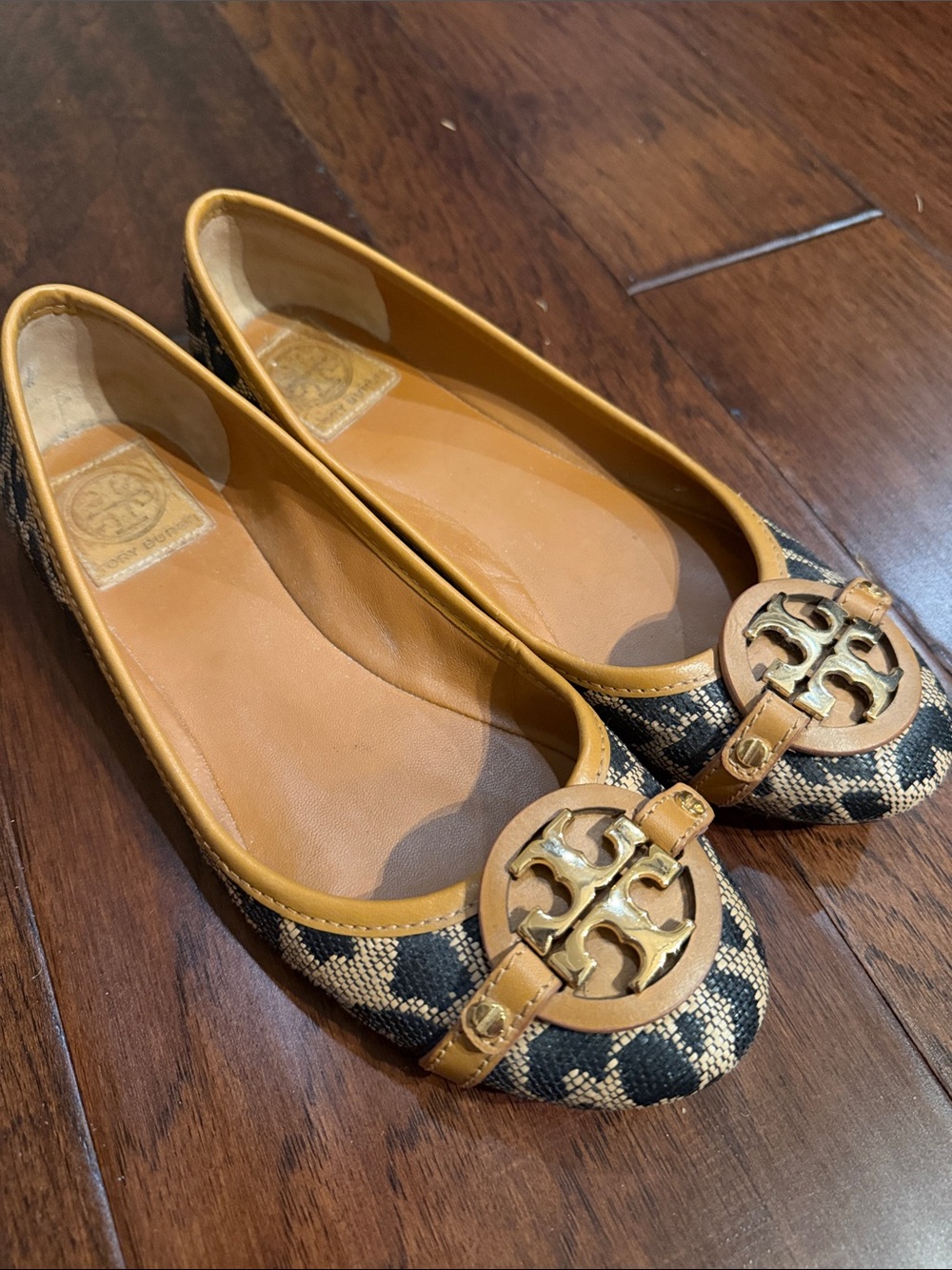 Tory Burch Black and Tan Snake-Print Logo Ballet Flats